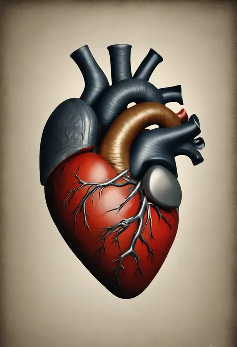 Por favor, Generate an image that depicts a human heart formed from a combination of flesh, barro e pedra. The heart must be wrapped in chains that hold it firmly, Representing strength and vulnerability at the same time. Ademais, I wish there were colorfu...