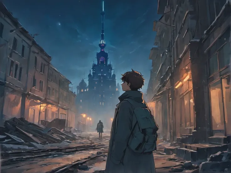 A man with a guitar stands in front of a post-Soviet building, under the night sky. The building showcases the architecture of the USSR era, with its distinct style and worn-out aesthetic. The atmosphere exudes a sad Russian vibe, reminiscent of the early ...