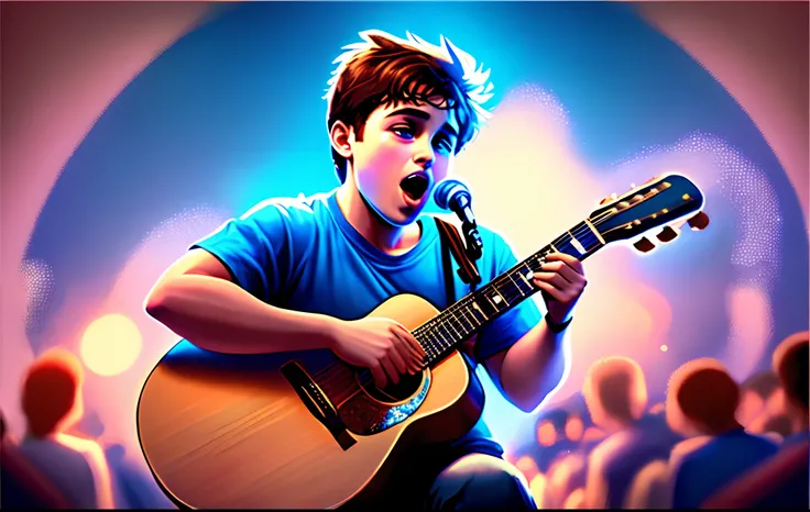 Singer singing on stage in blue t-shirt, playing guitar Disney pixar style