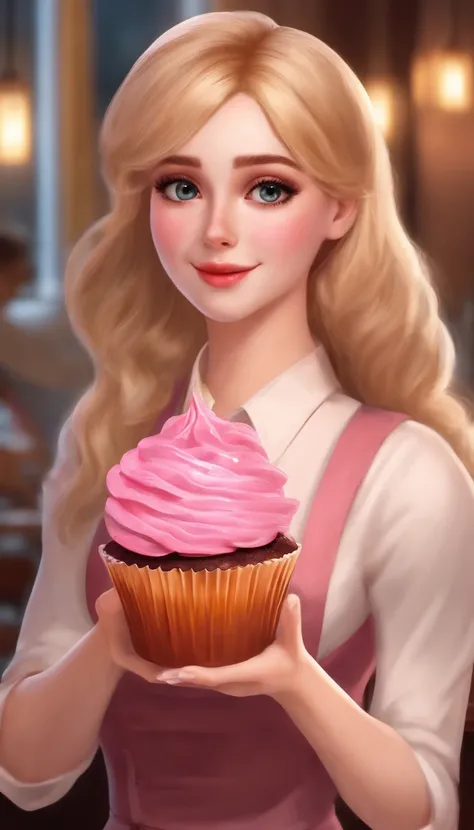 Danfeng Eyes，waitress，The upper part of the body，blonde hair，ponytail hair，Cold eyes，solo person，orthofacial，frontage，diner background，Highly saturated colors，Hyper Real，8K high-definition，holding a pink cupcake，Absolutely beautiful，high light，plethora of ...