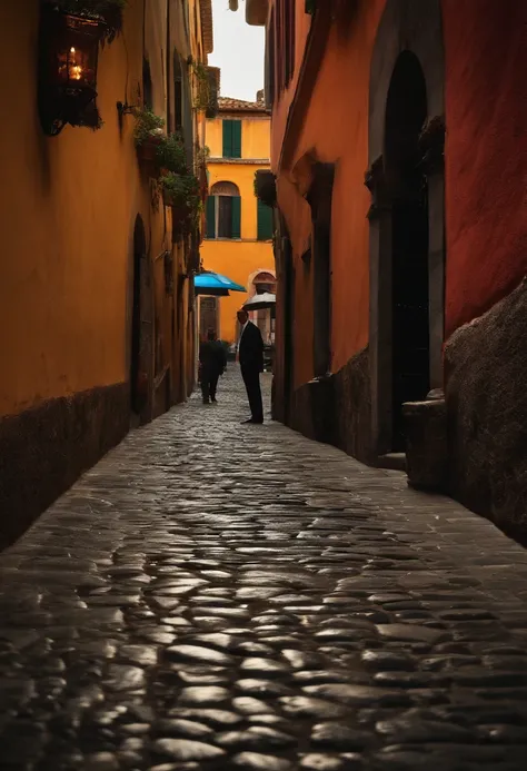 cinco vultos de homens lado a lado, organizados como um grupo mafioso, Hiding in the shadows of a cobblestone street