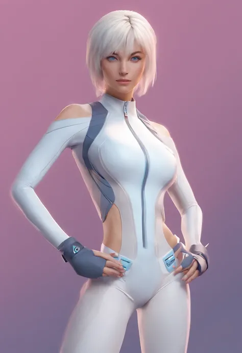 1girl, techwear swimsuit, blue eyes, white hair, ultrasharp, short hair, 8k, looking at viewer, mean stare