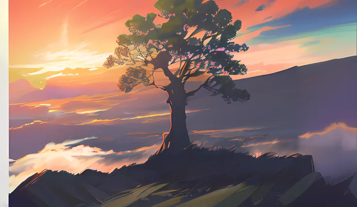 there is a painting of a tree on a hill with a sunset in the background, by sylvain sarrailh, low detailed. digital painting, inspired by sylvain sarrailh, scenery artwork, ilya kuvshinov landscape, ross tran. scenic background, sunset illustration, style ...