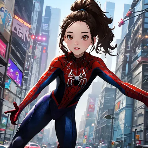 Make a post of a Spider-Man: Into the Spider-Verse movie, a girl with ponytail hair, brown hair, brown eyes wearing the black spider-man costume with the purple details and in the background there is a city