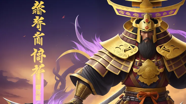 Yojimbo .cybertic summon guardian monster from Final Fantasy X,a colossal ornamental samurai wielding a katana, clad in colorful robes gradient of gold, orange, and purple. wears elaborately detailed full body armor: top-heavy pauldrons protrude gold whorl...