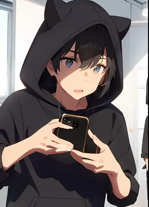 twinks、A dark-haired、hoods、Smartphone、takeout、animesque