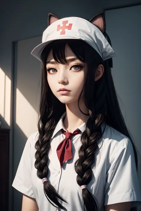 Long hair, low-tied long hair, nurse hat, eyeball, Wide eyes, Cat ears, Makeup, surrealism, surrealism, Contemporary art, Realism, image fill, Silhouette, Chiaroscuro, first person perspective, f/1.8, hyper HD, Masterpiece, 16k, 8K