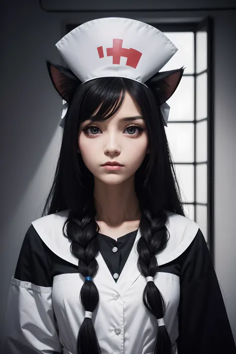 Long hair, low-tied long hair, nurse hat, eyeball, Wide eyes, Cat ears, Makeup, surrealism, surrealism, Contemporary art, Realism, image fill, Silhouette, Chiaroscuro, first person perspective, f/1.8, hyper HD, Masterpiece, 16k, 8K