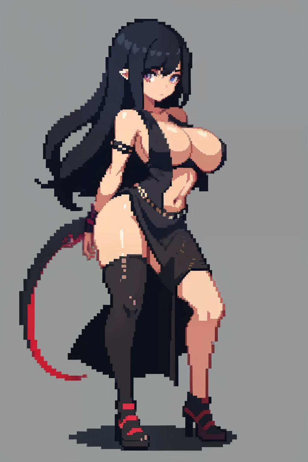 1girl, black hair, love eyes, big boobs, ragged clothes, prostitute, full body, tentacles,(pixel, pixel art)