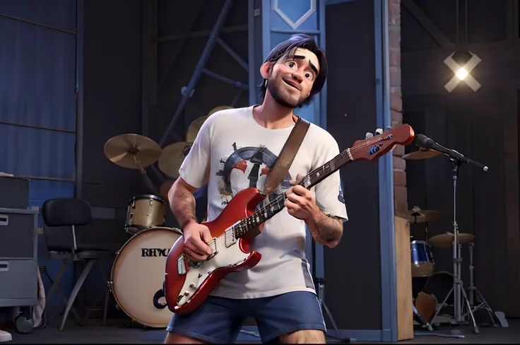 Homem tocando guitarra, 26 anos, cabelo baixo, barba de 5cm, vestido como John Frusciante. Camiseta chili peppers