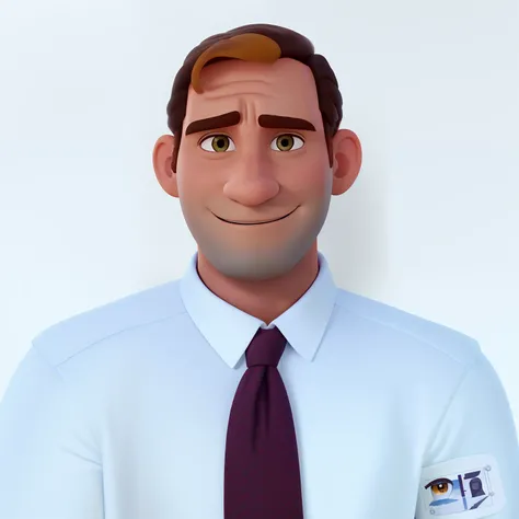 Um homem branco , estilo disney pixar , alta qualidade, melhor qualidade , olhos claros , cabelo castanho claro , 50 anos , fundo com prateleiras contendo latas de tinta de diversas cores , standingn , vestido com roupa de cientista.