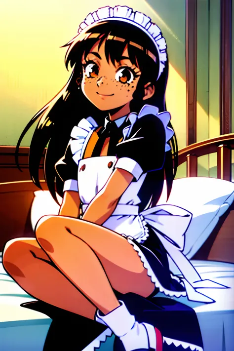 (best-quality:0.8), (best-quality:0.8), brown skin, long black hair, straight hair, brown eyes, eyelashes, freckles, petite, happy expression, bedroom, maid outfit, maid headband