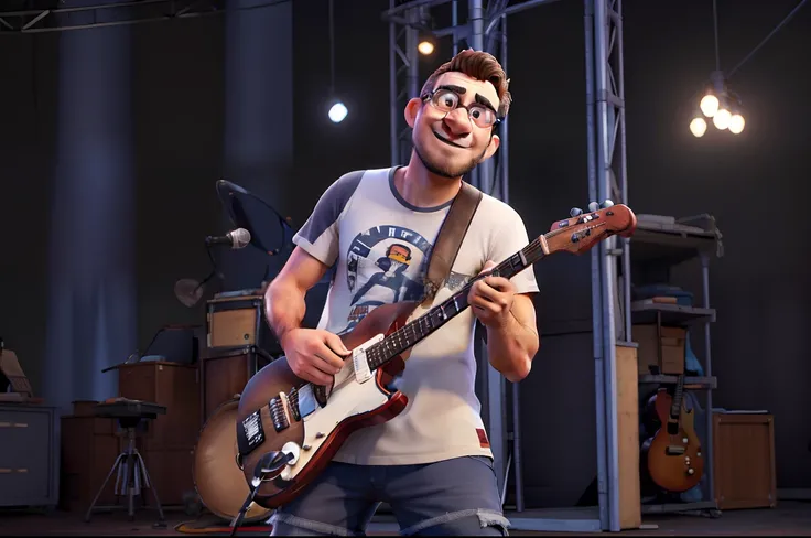 Homem tocando guitarra, 26 anos, careca, barba comprida, round glasses. Camiseta chili peppers no palco.