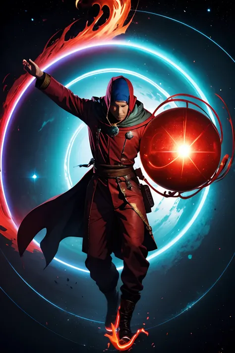 Sorcerer Man Floating Inside An Energetic Red Sphere