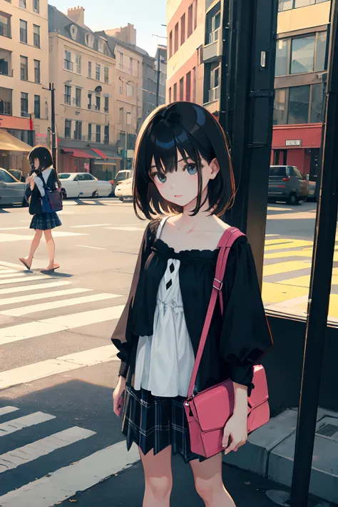 (child)，（​masterpiece，Highest Quality），Black blouse，plaid skirts，Bag，A dark-haired，crosswalk