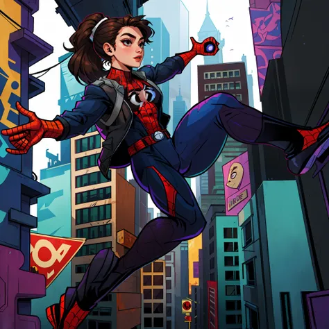 Make a Disney Pixar style post with spider-man in the spider-verse a 14 year old girl brown hair wearing ponytail in her hair no scenery of buildings wearing the black spider-man uniform outfit with the purple details