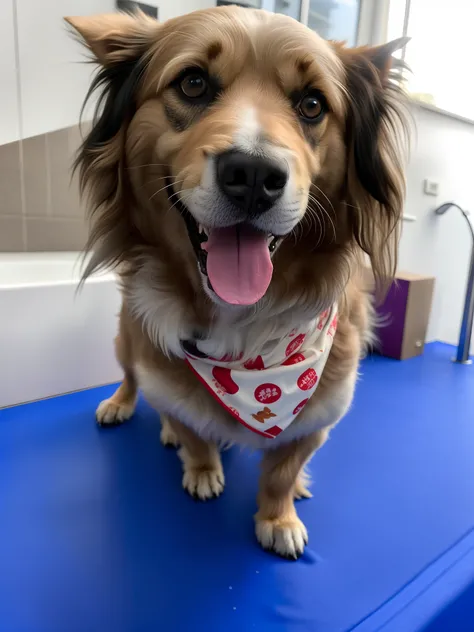 Theres a dog thats sitting on a blue carpet, peludo bonito precisa de sua ajuda, happily smiling at the camera, Mistura Pomeriana, chinese crested powderpuff dog, olhar desleixado, pelo marrom emaranhado, coberto de pele emaranhada, smiling at camera, pelo...