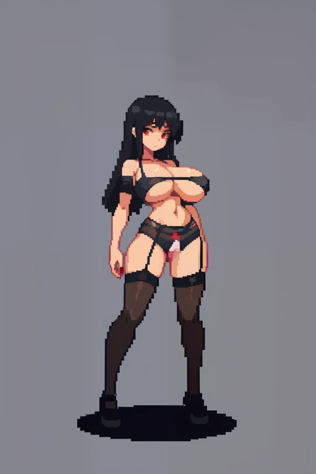 1girl, black hair, red eyes, big boobs, ragged clothes, lingerie, prostitute, full body, gun, milk(pixel, pixel art)