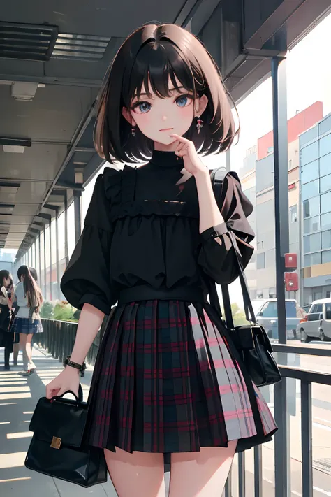 (child)，（​masterpiece，Highest Quality），Black blouse，plaid skirts，Bag，A dark-haired，intersection