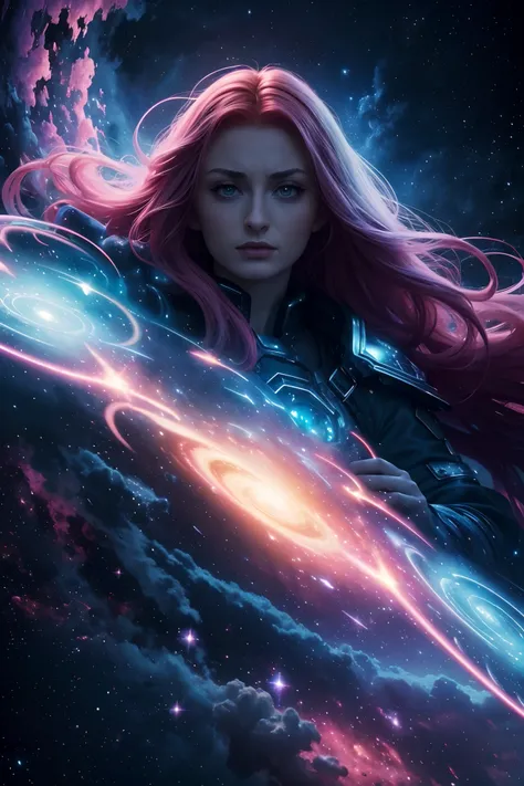 (Solo) Incredible and spectacular cloud figure Sophie Turner emergency scene in cosmic clouds, Chain of fractal nebulae, cosmic, Celestial, cosmic, A vibrant and vivid entity, whirly, Spinning, unreal, High contrast, Symbolism, magical, mistic, mistic, Hyp...