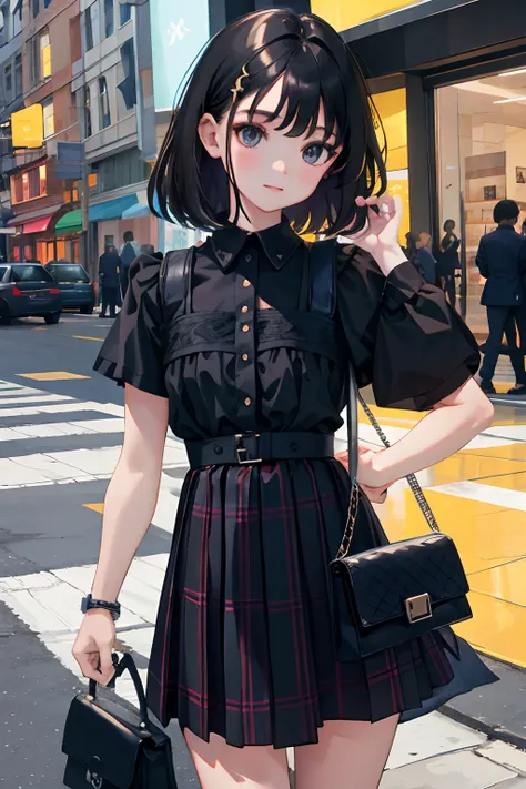 (child)，（​masterpiece，Highest Quality），Black blouse，plaid skirts，Bag，A dark-haired，intersection