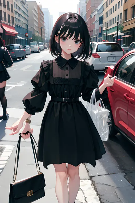 (child)，（​masterpiece，Highest Quality），Black blouse，plaid skirts，Bag，A dark-haired，intersection