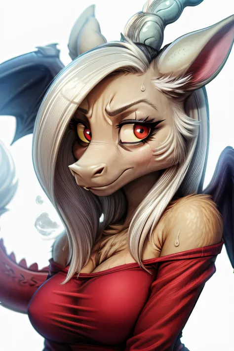 Discord, Disagreements from the outside “My little pony”, Dissonance in the image of a person, Long white hair, Detailed Female Body Eyes, full length, closeup of face, face, closeup, portrait, brawn, white background, wings, The wings are folded, dragon t...