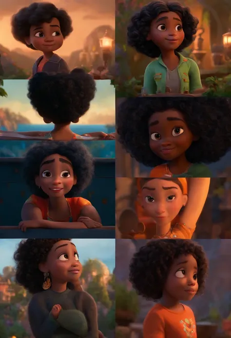 Um filme inspirado na Disney Pixar (MENINA NEGRA JOVEM COM CABELO LONGO CACHEADO PRETO) dentro A cena estar na arte distinta do estilo PIXAR, descolada e estilosa