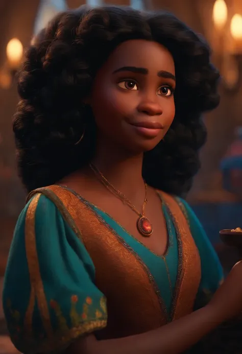 Um filme inspirado na Disney Pixar (MENINA NEGRA JOVEM COM CABELO LONGO CACHEADO PRETO) dentro A cena estar na arte distinta do estilo PIXAR, descolada e estilosa