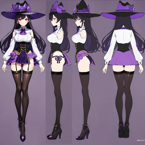 ((masterpiece)),(((best quality))),(character design sheet, same character, front, side, back), illustration, 1 girl, genshin impact style, full body, witch , purple witch outfit, big witch hat, golden eyes, long black hair, medium breasts, purple mini ski...