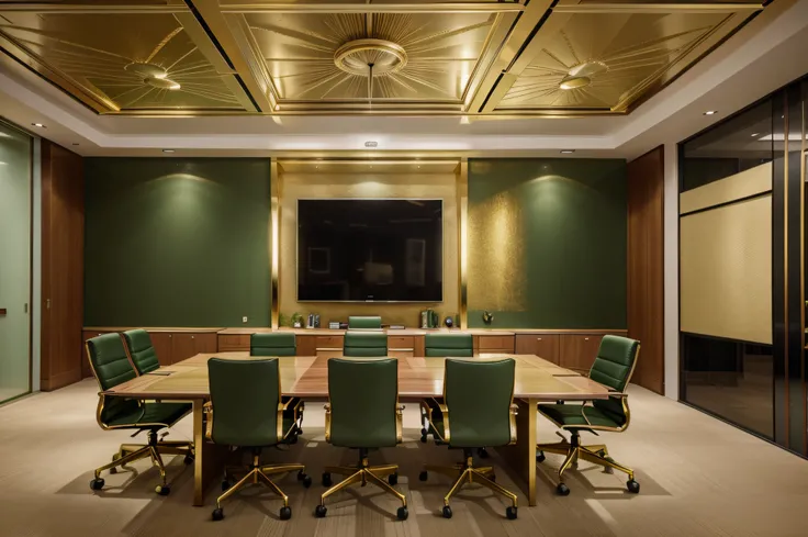 realistic green and gold color scheme large boardroom with "TZ" in gold on wall, 4k, stunning