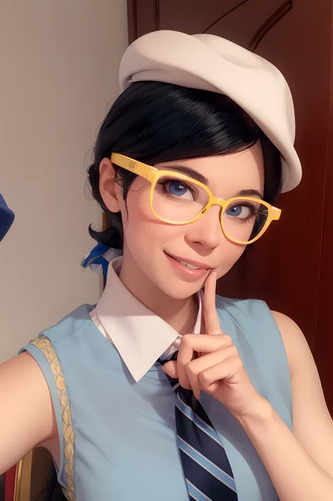 arafed woman in a blue dress and hat with glasses and a tie, with square glasses, belle delphine, faye valentine, anime girl cosplay, wearing thin large round glasses, with glasses, cute slightly nerdy smile, wearing wheat yellow gauze, glasses glasses, th...