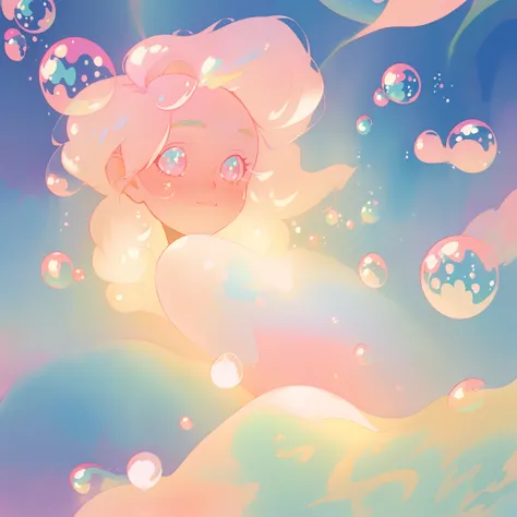 beautiful nude anime girl covered by hundreds of bubbles, vibrant pastel colors, flowing long pink peach hair, (colorful), magical lights, sparkling lines of light, glowing aura around her, fantasia background, whimsical, magical, fantasy, beautiful face, ...