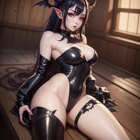 Succubus, Little horn, little bat wings, pale skin, totally black eyes, anime style, wide hip, extreme beauty, full body, black leather leotard, sauna background --auto --s2