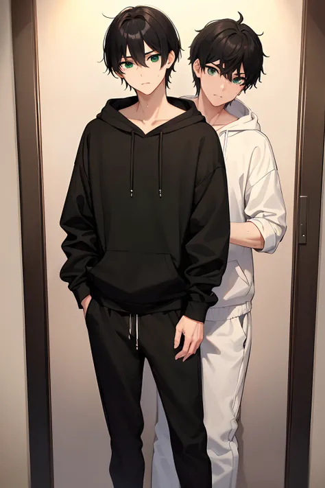 2guys, ((masterpiece)), standing, black hiar, one has white shirt, the other has blac hoodie and sweat pants, ((expressive eyes)), (perfect eyes), (looking at viewer), ((black hair)), ((green eyes)), tall, ((peers))