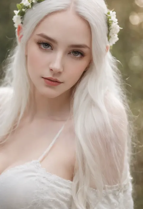 Breasts are big，a beauty girl，Im wearing a white tight knit，Pure white long hair，elf-ears,