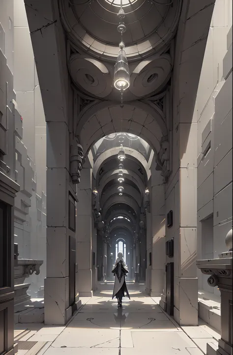 Urbanized interior. High, gigantic ceiling, temple-palace architecture. Cybernetic data center. The central part is a spherical computing artificial organism connected by many wires to monitors placed on the walls. The building is in the ancient Gothic sty...