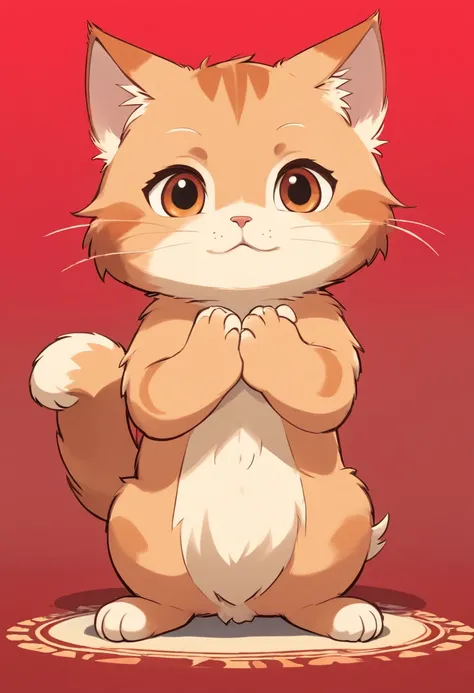 2D chibi character of a light brown European cat，peito branco，hands on the wall，RED GRADIENT BACKGROUND