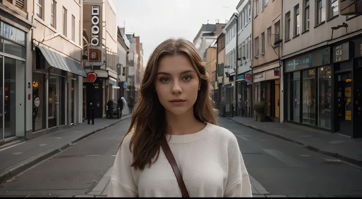 A close photo portrait of beautiful stunning gorgeous Swedish woman as a singer  in a day in November on the almost empty northern city street in the afternoon, 8k, HDR, film grain Fujifilm XT3 (high definition skin:1.2),