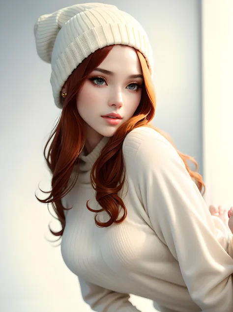 Photo of a chic young woman from a direct angle in the style of Stefan Kostic, redhead hair, knitted hat, Focus on the buttocks, Shooting too close to the buttocks, realistic skin texture, white sweatshirt, 8K, 5mm Artistic Lens, F 1.2, sharp-focus, 8K Hig...