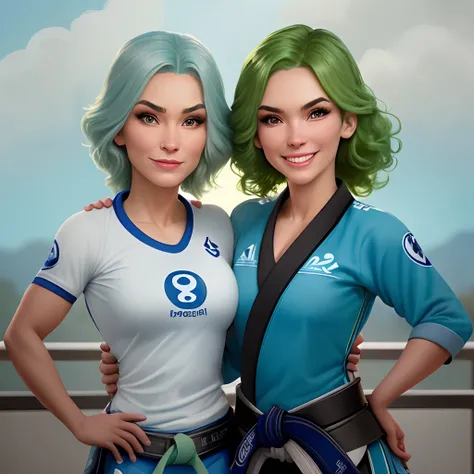 Crie uma imagem no estilo Disney pixar de uma mulher loira de olhos verdes cabelos medios lisos. She does jiu-jitsu, she is a blue belt and has 2 degrees in the belt, make the image with the name Andressa in the belt .