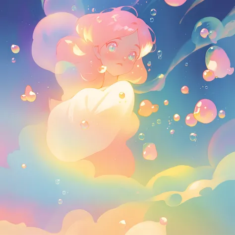 beautiful anime girl covered by hundreds of bubbles, golden ratio, dress made from bubbles, vibrant pastel colors, flowing long pink peach hair, (colorful), magical lights, sparkling lines of light, glowing aura around her, fantasia background, whimsical, ...