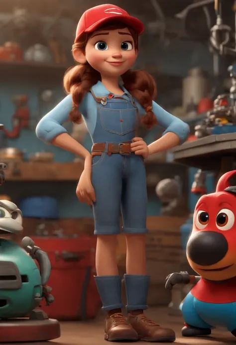 character, girl, arms crossed, young, 8 years old mechanic style, wearing jeans and light blue long sleeve shirt, wearing a red cap, 3d mascot, disney pixar style, a workshop, mascots in the foreground in high quality