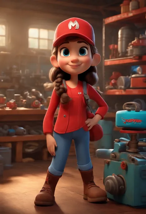 character, girl, arms crossed, young, 10 years old mechanic style, wearing jeans and light blue long sleeve shirt, wearing a red cap, 3d mascot, disney pixar style, a workshop, mascots in the foreground in high quality