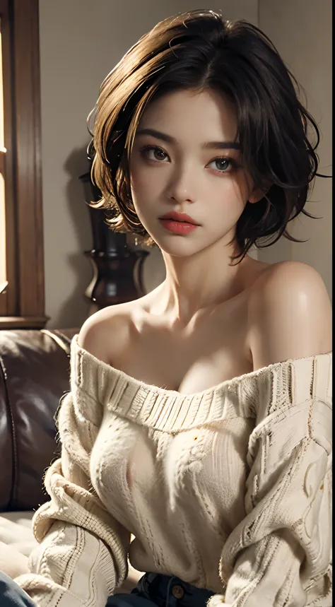 Best quality, masterpiece, ultra high res, (photorealistic:1.4), raw photo, 1girl, cream sweater, open clothes, very off shoulder, Her upper breasts were very visible, layer haircut , cinematic lighting