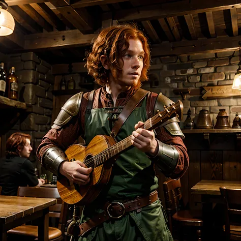 Male, Halfling, curly red hair, green eyes, freckles, playing the lute, standing in an old fashioned tavern, leather armor