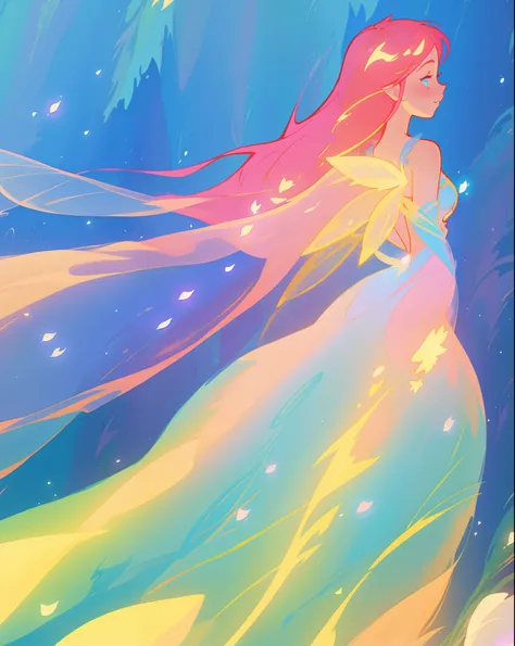 beautiful fairy girl in flowing colorful dress, fairy dress, fairy queen, magical colorful otherworldly landscape, (glowing fairy wings), glowing flowing ballgown, long hair, sparkling fairy wings, watercolor illustration, flowers and colorful plants, insp...