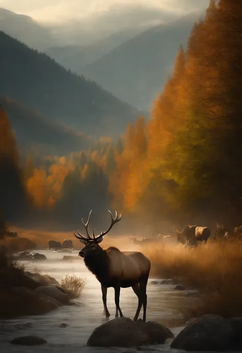 (masterpiece),best quality,(8k, high res, masterpiece:1.2),ultra-detailed,a herd of elks walking along a river in a mountain valley,illustration,oil painting,photorealistic,vivid colors,natural lighting,fine brushstrokes,detailed antlers,tall grass swaying...