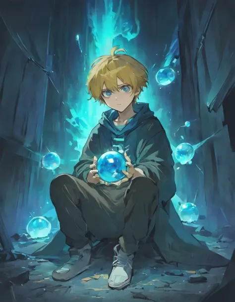 1boy, orphan, sitting on ground, holding a glowing blue pearl, shocked, shabby cloths, looking at the Perl, solo, full body, yellow eyes, sitting on ground, garbages around him, messy hair, black hair, ripped old cloth