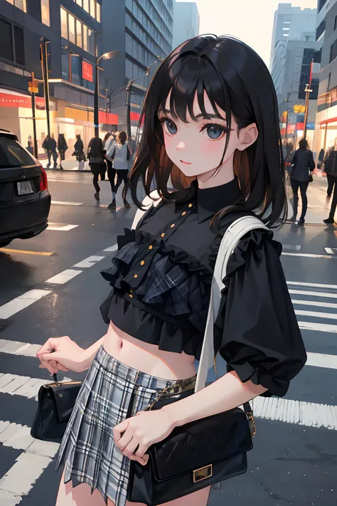 (child)，（​masterpiece，Highest Quality），Black blouse，Crop Top Look，plaid skirts，Bag，A dark-haired，crosswalk